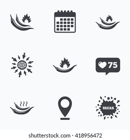 Calendar, like counter and go to web icons. Hot chili pepper icons. Spicy food fire sign symbols. Location pointer.