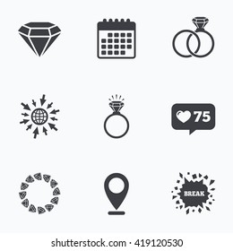 Calendar, like counter and go to web icons. Rings icons. Jewelry with shine diamond signs. Wedding or engagement symbols. Location pointer.