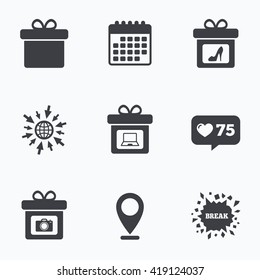 Calendar, like counter and go to web icons. Gift box sign icons. Present with bow symbols. Photo camera sign. Woman shoes. Location pointer.