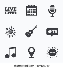 Calendar, like counter and go to web icons. Musical elements icons. Microphone and Live music symbols. Music note and acoustic guitar signs. Location pointer.