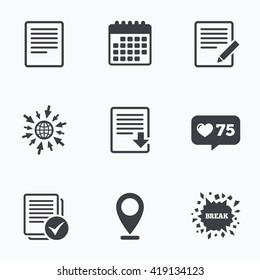 Calendar, like counter and go to web icons. File document icons. Download file symbol. Edit content with pencil sign. Select file with checkbox. Location pointer.