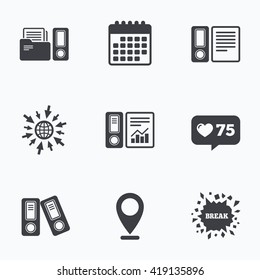 Calendar, like counter and go to web icons. Accounting report icons. Document storage in folders sign symbols. Location pointer.