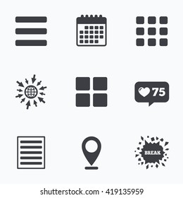 Calendar, like counter and go to web icons. List menu icons. Content view options symbols. Thumbnails grid or Gallery view. Location pointer.