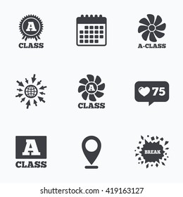 Calendar, like counter and go to web icons. A-class award icon. A-class ventilation sign. Premium level symbols. Location pointer.