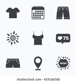 Calendar, like counter and go to web icons. Clothes icons. T-shirt and bermuda shorts signs. Swimming trunks symbol. Location pointer.