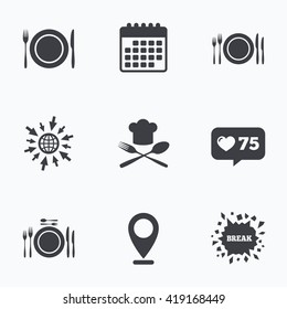 Calendar, like counter and go to web icons. Plate dish with forks and knifes icons. Chief hat sign. Crosswise cutlery symbol. Dining etiquette. Location pointer.