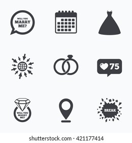 Calendar, like counter and go to web icons. Wedding dress icon. Bride and groom rings symbol. Wedding or engagement day ring with diamond sign. Will you marry me speech bubble. Location pointer.