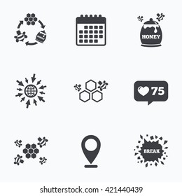 Calendar, like counter and go to web icons. Honey icon. Honeycomb cells with bees symbol. Sweet natural food signs. Location pointer.