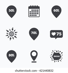 Calendar, like counter and go to web icons. Sale pointer tag icons. Discount special offer symbols. 50%, 60%, 70% and 80% percent discount signs. Location pointer.