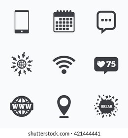 Calendar, like counter and go to web icons. Communication icons. Smartphone and chat speech bubble symbols. Wifi and internet globe signs. Location pointer.
