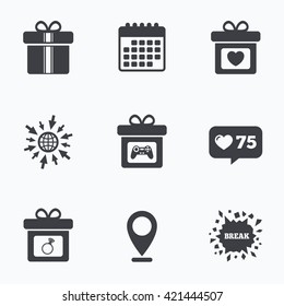 Calendar, like counter and go to web icons. Gift box sign icons. Present with bow and ribbons symbols. Engagement ring sign. Video game joystick. Location pointer.