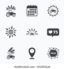 Calendar, like counter and go to web icons. Tractor icons. Wreath of Wheat corn signs. Agricultural industry transport symbols. Location pointer.