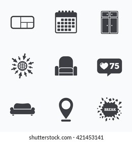 Calendar, like counter and go to web icons. Furniture icons. Sofa, cupboard, and book shelf signs. Modern armchair symbol. Location pointer.