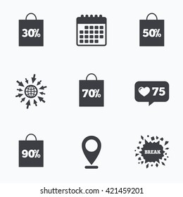Calendar, like counter and go to web icons. Sale bag tag icons. Discount special offer symbols. 30%, 50%, 70% and 90% percent discount signs. Location pointer.