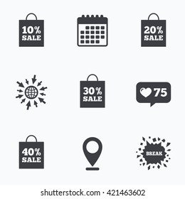 Calendar, like counter and go to web icons. Sale bag tag icons. Discount special offer symbols. 10%, 20%, 30% and 40% percent sale signs. Location pointer.