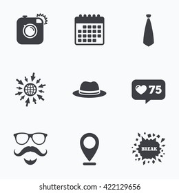 Calendar, like counter and go to web icons. Hipster photo camera. Mustache with beard icon. Glasses and tie symbols. Classic hat headdress sign. Location pointer.
