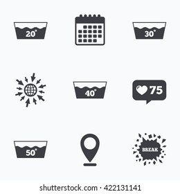 Calendar, like counter and go to web icons. Wash icons. Machine washable at 20, 30, 40 and 50 degrees symbols. Laundry washhouse signs. Location pointer.