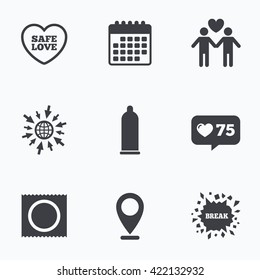Calendar, like counter and go to web icons. Condom safe sex icons. Lovers Gay couple signs. Male love male. Heart symbol. Location pointer.