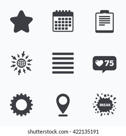Calendar, like counter and go to web icons. Star favorite and menu list icons. Checklist and cogwheel gear sign symbols. Location pointer.