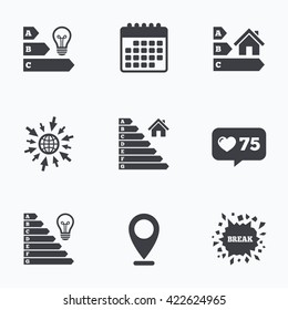 Calendar, like counter and go to web icons. Energy efficiency icons. Lamp bulb and house building sign symbols. Location pointer.