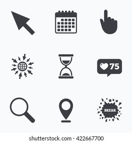 Calendar, like counter and go to web icons. Mouse cursor and hand pointer icons. Hourglass and magnifier glass navigation sign symbols. Location pointer.
