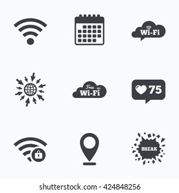 Calendar, like counter and go to web icons. Free Wifi Wireless Network cloud speech bubble icons. Wi-fi zone locked symbols. Password protected Wi-fi sign. Location pointer.