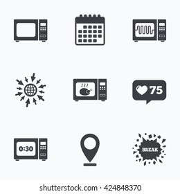 Calendar, like counter and go to web icons. Microwave oven icons. Cook in electric stove symbols. Grill chicken with timer signs. Location pointer.