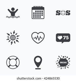 Calendar, like counter and go to web icons. SOS lifebuoy icon. Heartbeat cardiogram symbol. Swimming sign. Man drowns. Location pointer.