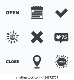 Calendar, like counter and go to web icons. Open and Close icons. Check or Tick. Delete remove signs. Yes correct and cancel symbol. Location pointer.