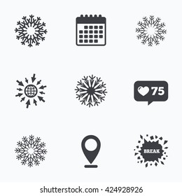Calendar, like counter and go to web icons. Snowflakes artistic icons. Air conditioning signs. Christmas and New year winter symbols. Location pointer.