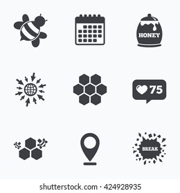 Calendar, like counter and go to web icons. Honey icon. Honeycomb cells with bees symbol. Sweet natural food signs. Location pointer.