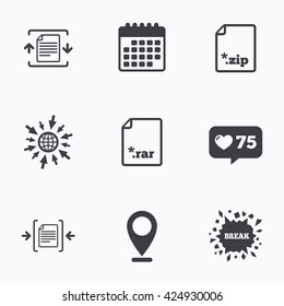 Calendar, like counter and go to web icons. Archive file icons. Compressed zipped document signs. Data compression symbols. Location pointer.