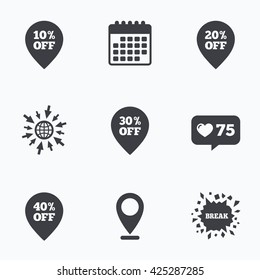 Calendar, like counter and go to web icons. Sale pointer tag icons. Discount special offer symbols. 10%, 20%, 30% and 40% percent off signs. Location pointer.