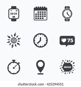 Calendar, like counter and go to web icons. Smart watch icons. Mechanical clock time, Stopwatch timer symbols. Wrist digital watch sign. Location pointer.