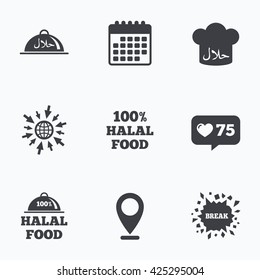 Calendar, like counter and go to web icons. Halal food icons. 100% natural meal symbols. Chef hat sign. Natural muslims food. Location pointer.