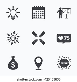 Calendar, like counter and go to web icons. Presentation billboard icon. Dollar cash money and lamp idea signs. Man standing with pointer. Teamwork symbol. Location pointer.