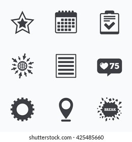 Calendar, like counter and go to web icons. Star favorite and menu list icons. Checklist and cogwheel gear sign symbols. Location pointer.