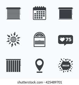 Calendar, like counter and go to web icons. Louvers icons. Plisse, rolls, vertical and horizontal. Window blinds or jalousie symbols. Location pointer.