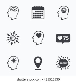 Calendar, like counter and go to web icons. Head with brain and idea lamp bulb icons. Male human think symbols. Cogwheel gears signs. Love heart. Location pointer.
