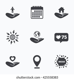 Calendar, like counter and go to web icons. Helping hands icons. Heart health and travel trip insurance symbols. Home house or real estate sign. Location pointer.