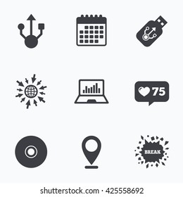 Calendar, like counter and go to web icons. Usb flash drive icons. Notebook or Laptop pc symbols. CD or DVD sign. Compact disc. Location pointer.