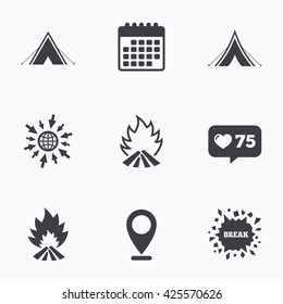 Calendar, like counter and go to web icons. Tourist camping tent icons. Fire flame sign symbols. Location pointer.