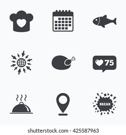 Calendar, like counter and go to web icons. Chief hat with heart and cooking pan icons. Fish and chicken signs. Hot food platter serving symbol. Location pointer.