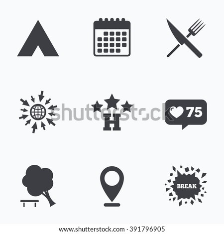 Calendar, like counter and go to web icons. Food, hotel, camping tent and tree icons. Knife and fork. Break down tree. Road signs. Location pointer.