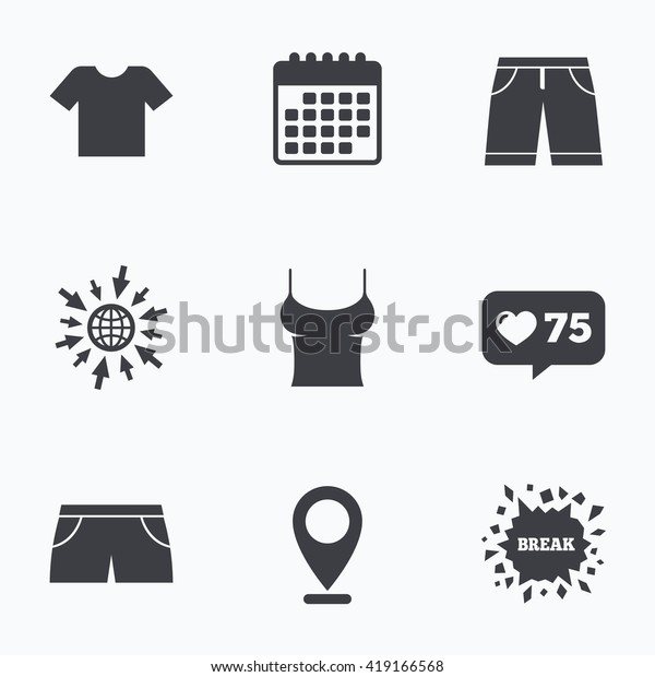 Calendar, like counter and go to web icons.\
Clothes icons. T-shirt and bermuda shorts signs. Swimming trunks\
symbol. Location\
pointer.