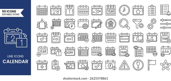 Calendar line editable icon set. Containing date, schedule, month, week, appointment, meeting, reminder, event and more. Vector illustration