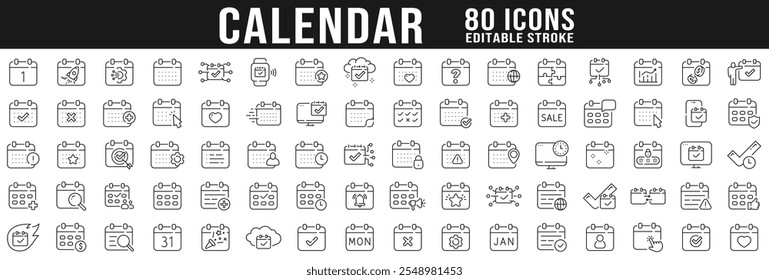 Calendar line icon big set. Date, event, month, day, agenda, clock etc. Editable stroke