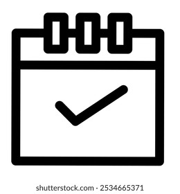 Calendar line icon with check mark. Schedule completed task, appointment confirmation, deadline met, and approved agenda vector symbol.
