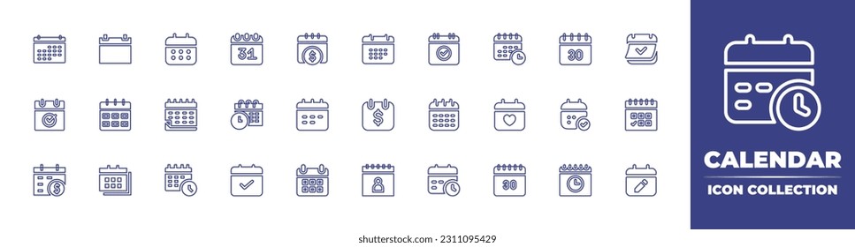 Calendar line icon collection. Editable stroke. Vector illustration. Containing calendar, date, money, schedule, days, check, appointment, pay day, calendar pen.