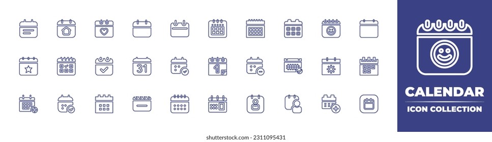 Calendar line icon collection. Editable stroke. Vector illustration. Containing calendar, home, romantic date, calendar date, event, booking, on time, calendar check, minus, weekly.